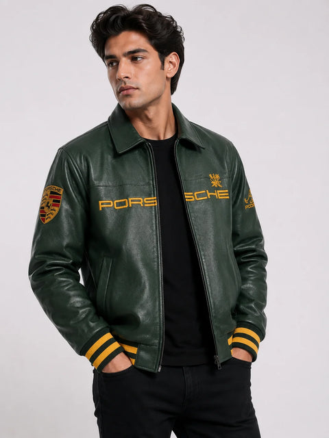 Green Porsche Leather Jacket for Men | Blckout Premium Racing Motorsport Style