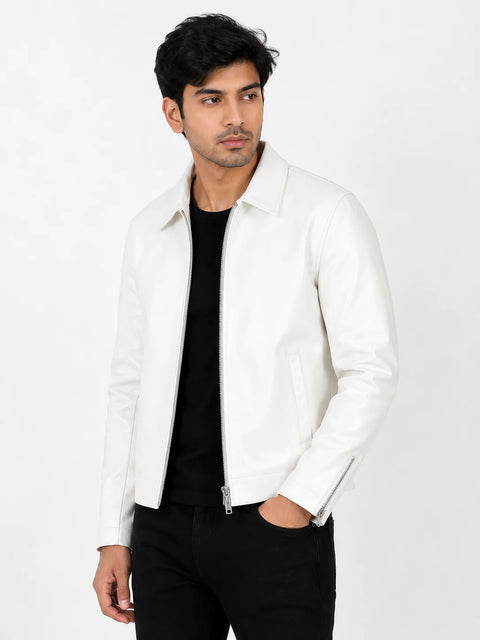 White Faux Leather Jacket for unisex | Slim Fit Faux Leather Biker Jacket | Blckout