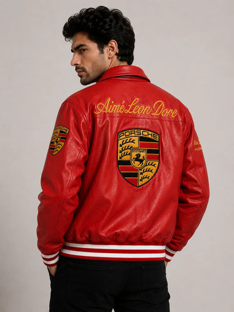 Red Porsche Racing Leather Jacket for Men | Racing Style Jacket India | Blckout