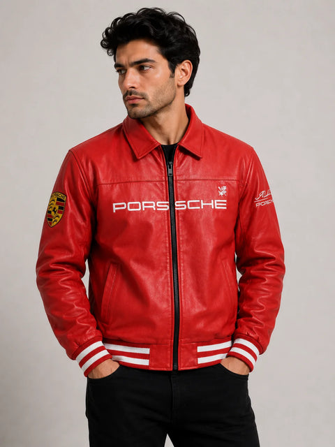 Red Porsche Racing Leather Jacket for Men | Racing Style Jacket India | Blckout