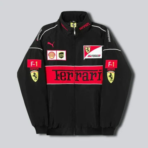 Black Ferrari jacket with Ferrari logos and branding on a gray background