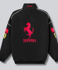 Black Ferrari jacket with red logo on a gray background