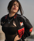 Zoomed in view of the matte finish texture on the Black Ferrari-Inspired Racing Jacket