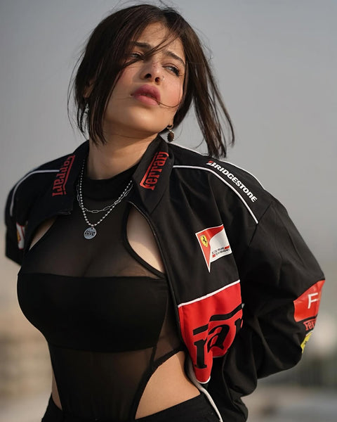 Zoomed in view of the matte finish texture on the Black Ferrari-Inspired Racing Jacket