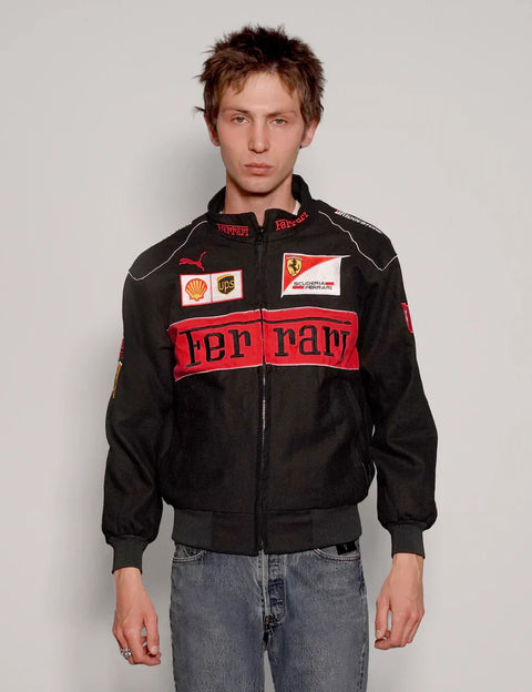 Close up detail of parachute fabric on the lightweight black ferrari jacket