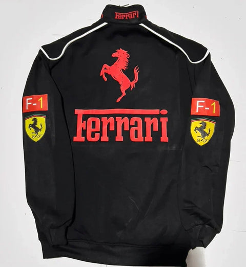 Black Ferrari sweatshirt with red logo and text on a white background