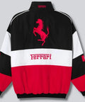 Ferrari jacket with red horse logo on a gray background
