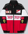 Ferrari jacket with logos on a gray background