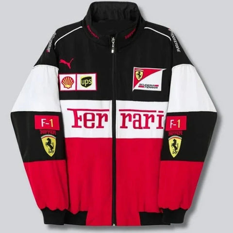 Ferrari jacket with logos on a gray background
