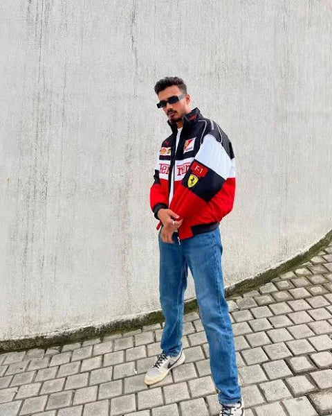 Front view of Blckout mens Ferrari tri-color racing jacket in red, white and black with boxy streetwear fit