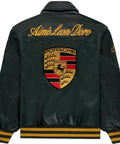 Genuine leather texture detail of green Porsche leather jacket