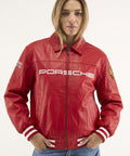 Red Porsche leather jacket for women - front view