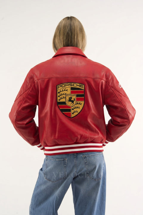 Premium red leather racing jacket for women with fitted silhouette - back view