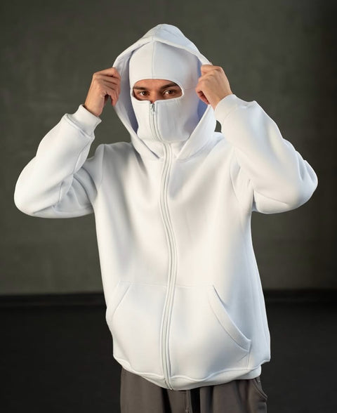 White Balaclava Hoodie – Streetwear Masked Pullover for Men & Women | Blckout