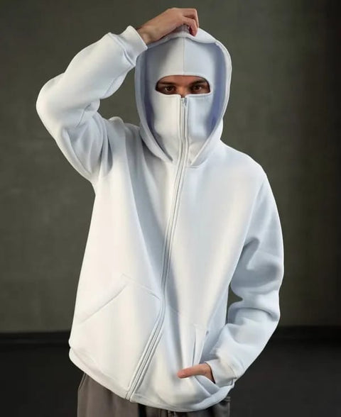 White Balaclava Hoodie – Streetwear Masked Pullover for Men & Women | Blckout