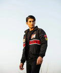 High density racing prints on the front of the black ferrari jacket