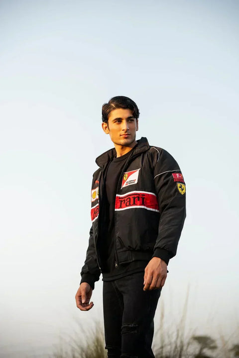 High density racing prints on the front of the black ferrari jacket