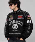 Model wearing the oversized jack daniels nascar jacket styled for casual streetwear