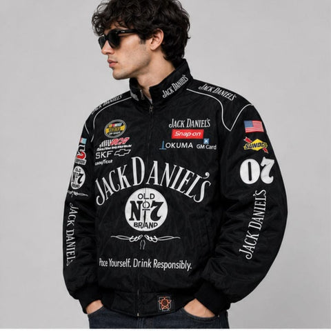 Model wearing the oversized jack daniels nascar jacket styled for casual streetwear