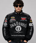Front view of the vintage jack daniels racing jacket with premium logo prints