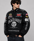 Close up details of the lightweight jack daniels windbreaker jacket made from weather-resistant fabric
