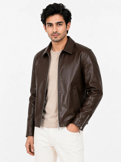 Men Vintage Brown Leather Jacket | Slim Fit Motorcycle Style Jacket  | Blckout