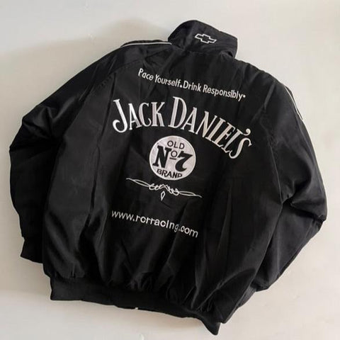 Black jacket with Jack Daniel's branding on a light background