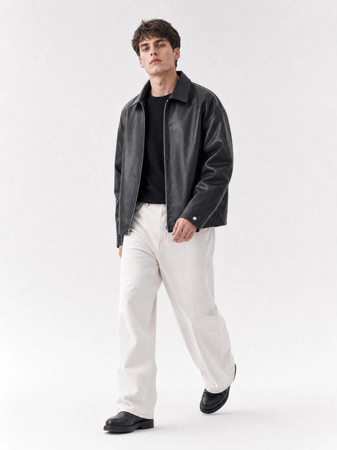 Men Black Faux Leather Jacket – Classic Zip-Up Streetwear Style | Blckout