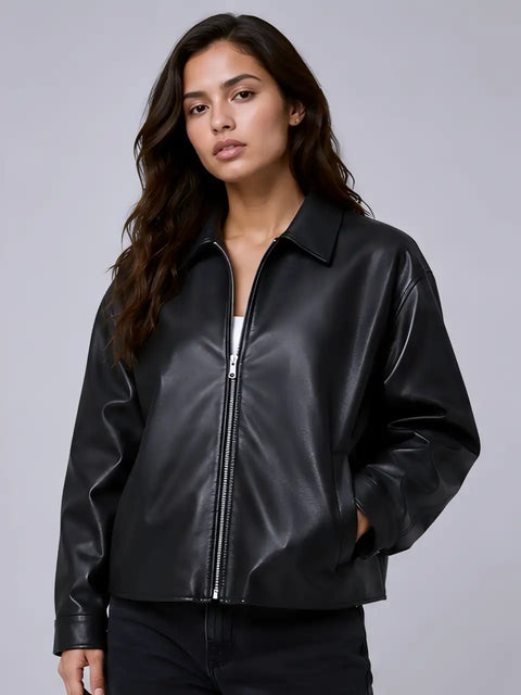 Premium Black Faux Leather Jacket For Women  — Slim Fit Moto Style Outwear | Blckout