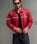 Blckout red Porsche-inspired racing leather jacket for men front view