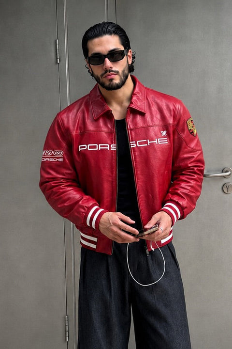 Blckout red Porsche-inspired racing leather jacket for men front view