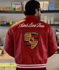 Red Porsche-inspired racing jacket for men back view by Blckout