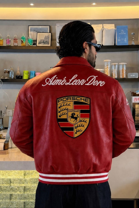 Red Porsche-inspired racing jacket for men back view by Blckout