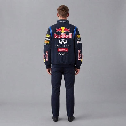 Blckout motorsport style redbull racing jacket with color-block design, back view