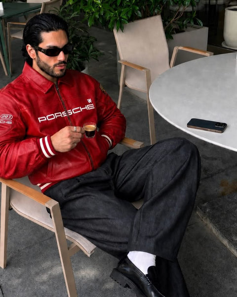 Blckout red leather racing jacket sleeve and stitching detail Vintage-inspired red racing jacket with sporty detailing