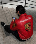 Premium red leather racing jacket product details Red racing jacket for streetwear outfit