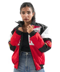 Front view of Blckout womens Ferrari tri-color racing jacket in red, white and black with oversized streetwear fit
