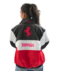 Back design of Blckout tri-color Ferrari style racing jacket for women showing structured streetwear drape