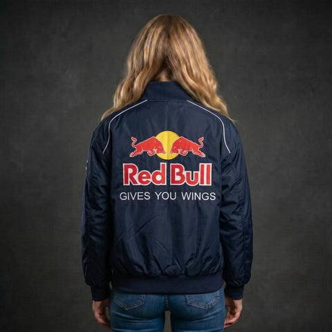 Model wearing the oversized redbull f1 jacket for girls styled with everyday streetwear
