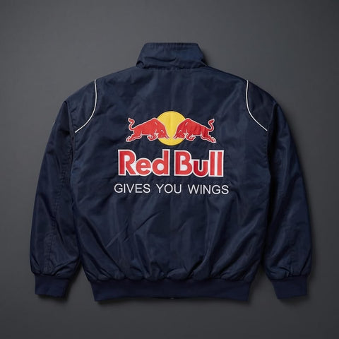 Back view of the vintage womens redbull racing jacket showing the vibrant printed logos