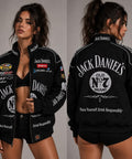 Front view of the women vintage black jack daniels parchute jacket with premium logo prints