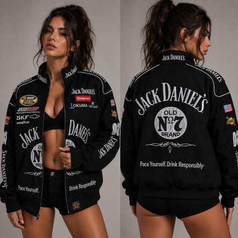 Front view of the women vintage black jack daniels parchute jacket with premium logo prints