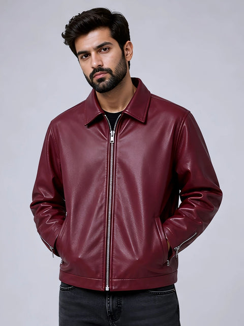Premium Faux Maroon Leather Jacket For Men - Affordable Slim Fit Outerwear | Blckout